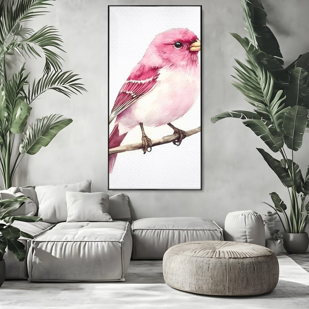 Tablou canvas cu tablou canvas cu pasare roz pe creanga, in rama de aluminiu negru, pe perete intr-un living